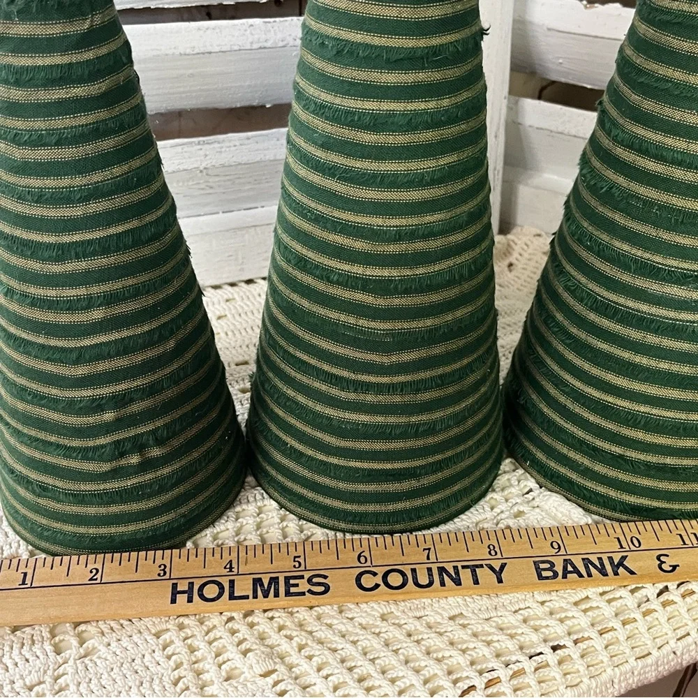 3 large Green Striped homespun fabric Cone Christmas Trees holiday farmhouse
